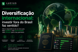 Ilustração financeira em tons escuros e verde neon mostrando diversificação internacional da carteira, com globo conectado a mercados globais, gráficos financeiros e elementos relacionados a investimentos internacionais e proteção patrimonial.