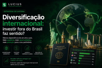 Ilustração financeira em tons escuros e verde neon mostrando diversificação internacional da carteira, com globo conectado a mercados globais, gráficos financeiros e elementos relacionados a investimentos internacionais e proteção patrimonial.