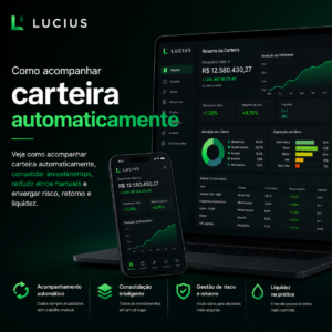 Painel do Lucius exibindo acompanhamento automático de carteira de investimentos com gráficos de risco, retorno, liquidez e consolidação de ativos em interface verde e preta.
