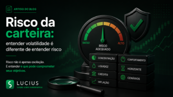 Ilustração sobre risco da carteira mostrando medidor de risco, volatilidade, concentração, liquidez e análise estratégica de investimentos.
